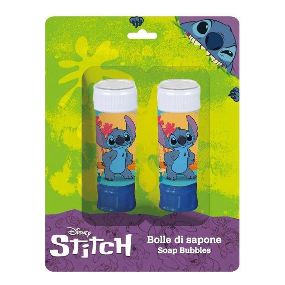 Confezione blister bolle di sapone Disney Stitch con 2 tubetti decorati con il personaggio, sfondo verde e viola