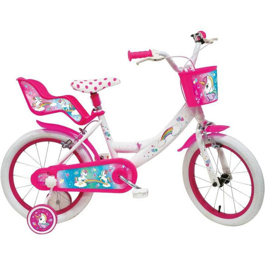 Bicicletta Unicorno 16 per bambine dai 5 ai 7 anni. Telaio robusto, rotelle di supporto, sella confortevole, cestino colorato e freni sicuri 1 (19093055)