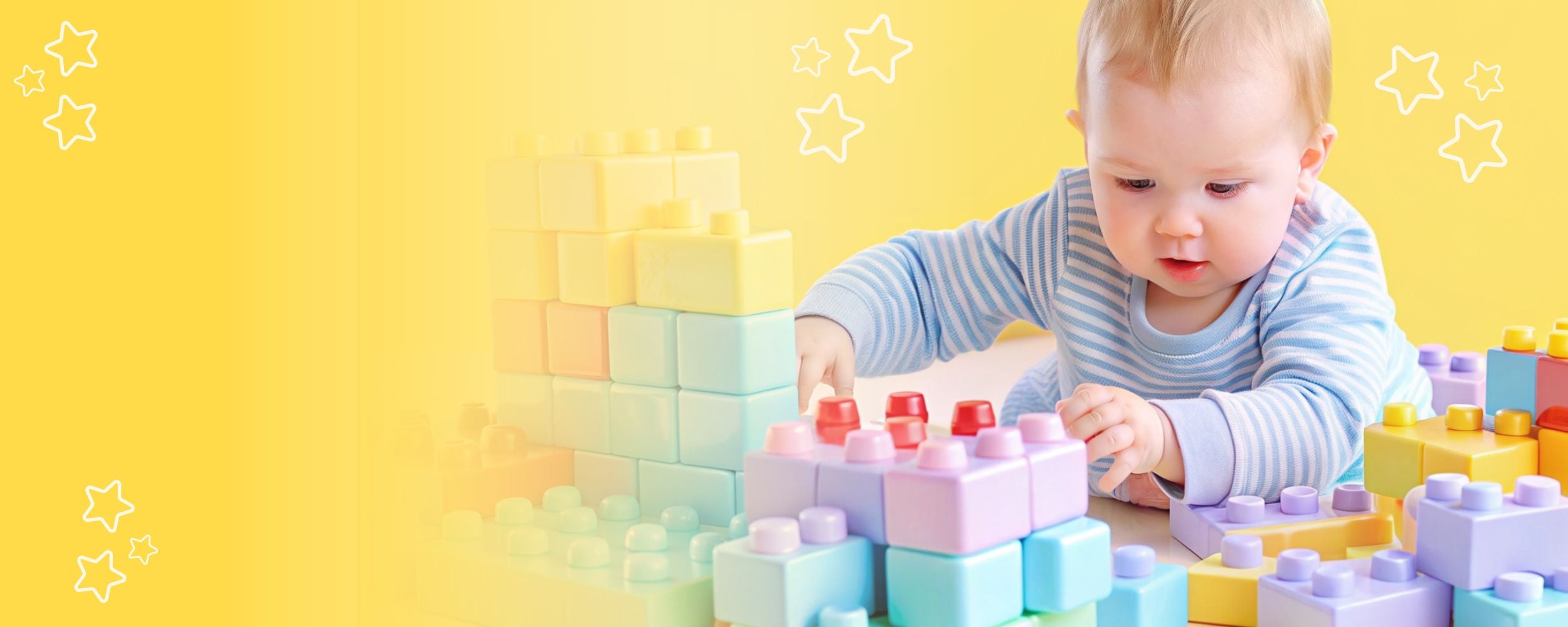 Bambino di 1 anno che gioca con mattoncini morbidi per costruzioni - Gioco educativo prima infanzia 6-36 mesi.