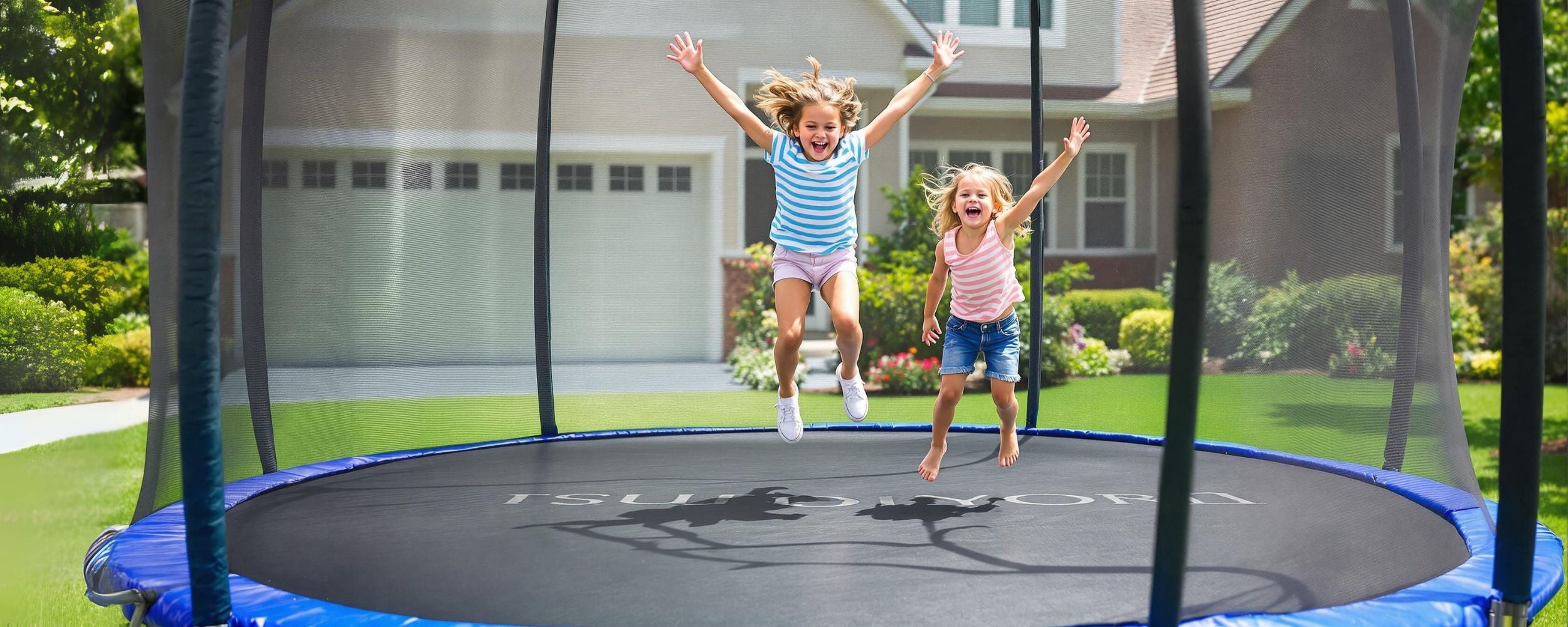 Trampolino elastico con rete di protezione - Tappetto da giardino per bambini