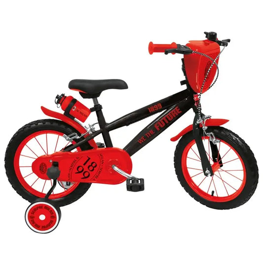 bicicletta FC Milan 14" per bambini dai 4 ai 7 anni: telaio resistente, ruote gonfiabili, freni caliper sicuri e rotelle per imparare a pedalare. Accessori inclusi: campanello, mascherina portanumero e parafanghi