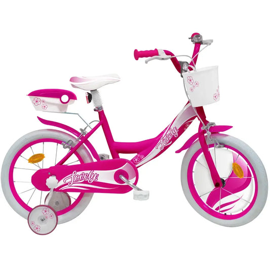Bicicletta da 16 pollici Lovely per bambine, perfetta per imparare a pedalare in sicurezza! Dotata di rotelle removibili, cestino anteriore e bauletto posteriore, offre un design colorato e funzionale. Ideale per bambine dai 5 ai 7 anni.