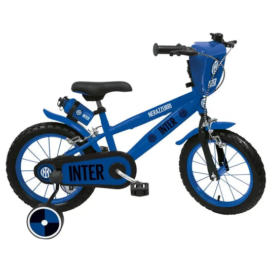 bicicletta FC Inter da 14 pollici per bambini! Telaio in acciaio, ruote gonfiabili e freni sicuri. Con rotelle, mascherina portanumero e campanello inclusi, è perfetta per bambini dai 4 ai 7 anni