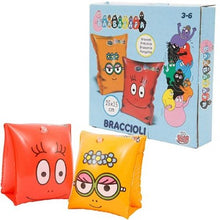 Coppia braccioli gonfiabili Barbapapà 25x15 cm in PVC rosso e giallo con faccine dei personaggi, età 3-6 anni, Grandi Giochi