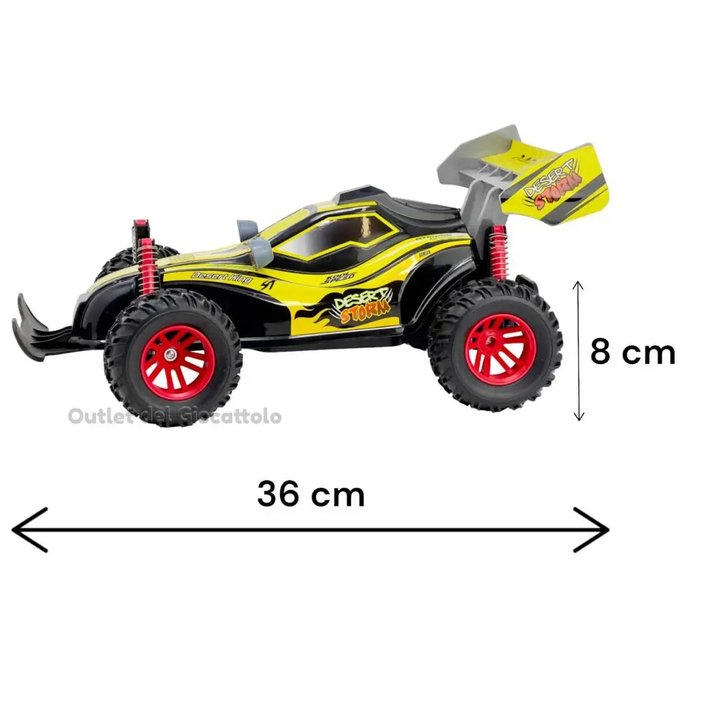 Desert Storm è una macchina telecomandata per bambini, lunga 36 cm e ideale per ogni terreno! Questa auto radiocomandata con telecomando a 7 funzioni e ruote ad alta aderenza 9