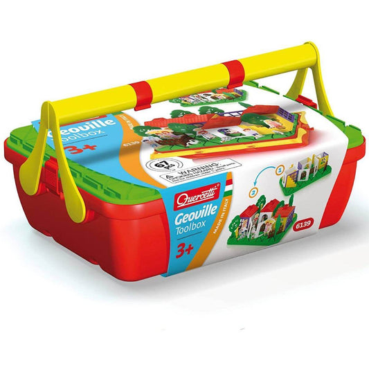 Geoville Toolbox di Quercetti è il set perfetto per costruire villaggi creativi. Include pezzi sicuri in plastica infrangibile e una pratica cassetta. Ideale dai 3 anni!1