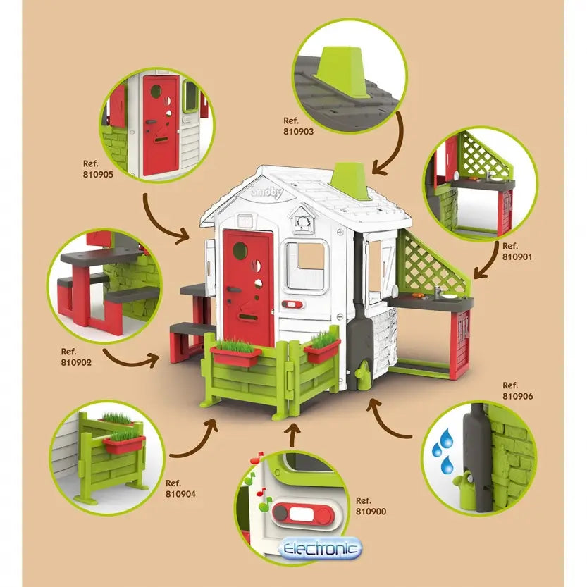 Casetta da giardino per bambini Smoby Neo Jura Lodge. Design modulare con porte, finestre, persiane richiudibili e mangiatoia per uccellini. Giochi all’aperto sicuri e creativi 810500