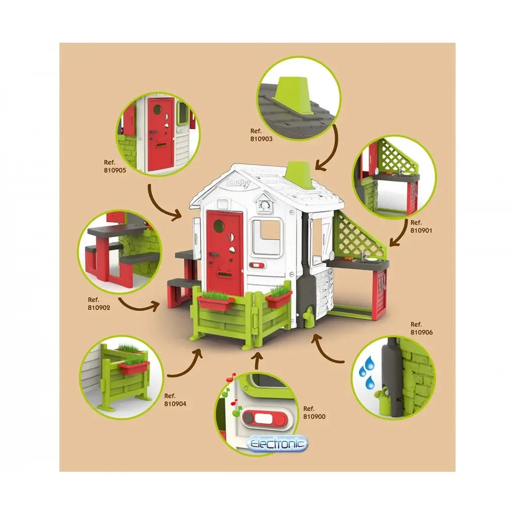 Casetta da giardino per bambini Smoby Neo Jura Lodge. Design modulare con porte, finestre, persiane richiudibili e mangiatoia per uccellini. Giochi all’aperto sicuri e creativi 810500