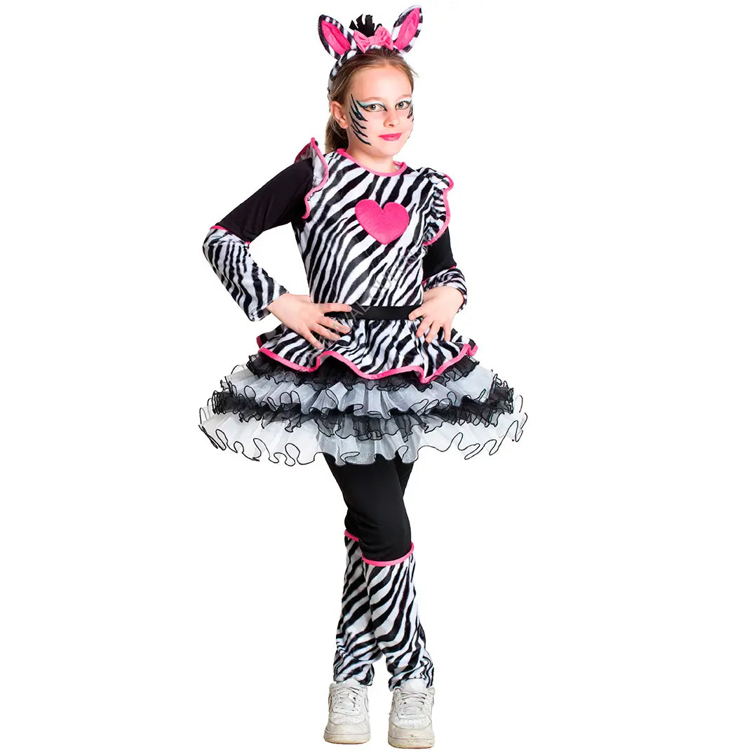 Costume Miss Zebra per bambine 11-12 anni, Include vestito, pantaloni, cintura e cerchietto. Perfetto per Carnevale o feste a tema.