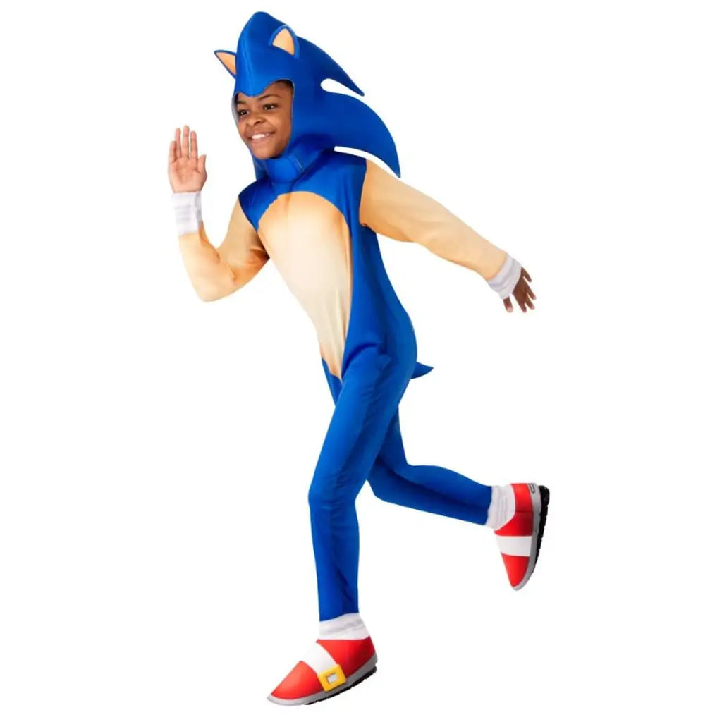 Costume classico di Sonic The Hedgehog per Bambini. Completo di tutina blu e copricapo con orecchie e aculei, ideale per Carnevale, compleanni e feste a tema 3