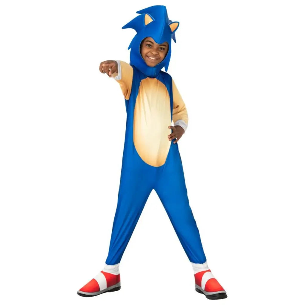 Costume classico di Sonic The Hedgehog per Bambini. Completo di tutina blu e copricapo con orecchie e aculei, ideale per Carnevale, compleanni e feste a tema  4