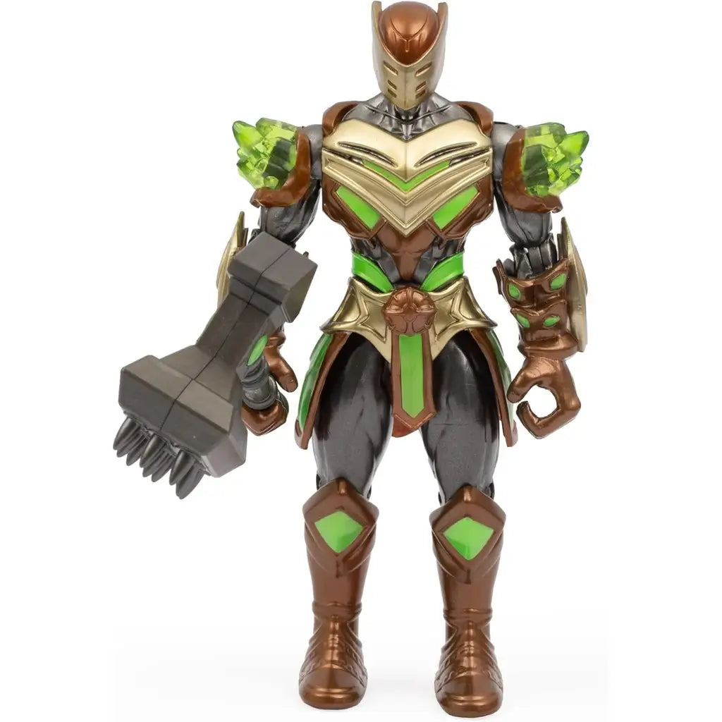 action figure Gormita Rockard Glen del Clan della Terra. Personaggio da 15 cm, completamente articolato con armatura verde/bronzo e Martello Sismico 