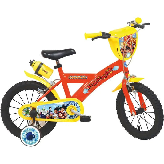 Bicicletta Dragon Ball 14", ideale per bambini dai 4 ai 6 anni. Telaio in acciaio, rotelle stabilizzatrici, ruote gonfiabili e freni caliper per sicurezza e comfort 