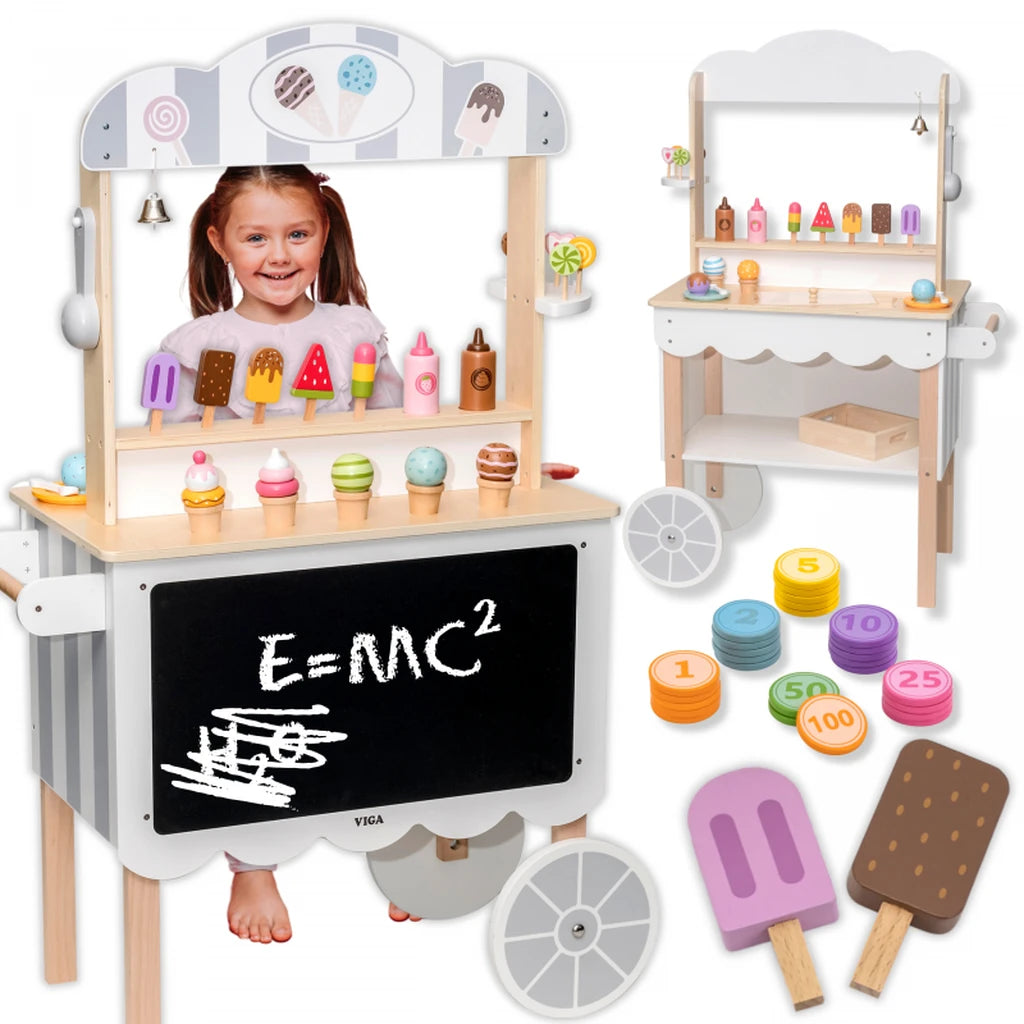 Negozio mobile Viga 3in1 in legno (Gelateria, Pasticceria, Negozio). Include accessori realistici e lavagna per il menu. Sviluppa creatività e logica. Età 3+.1