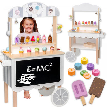 Negozio mobile Viga 3in1 in legno (Gelateria, Pasticceria, Negozio). Include accessori realistici e lavagna per il menu. Sviluppa creatività e logica. Età 3+.1