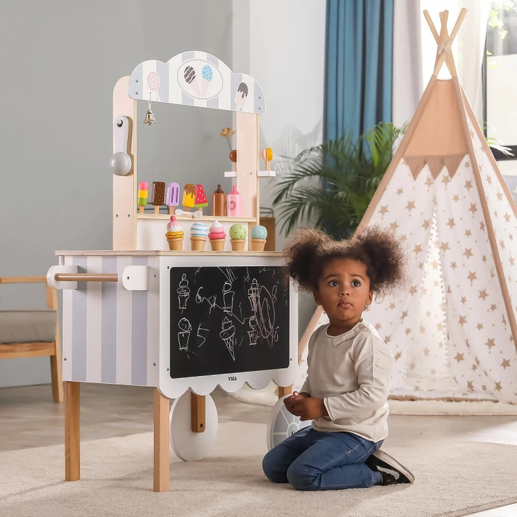 aNegozio mobile Viga 3in1 in legno (Gelateria, Pasticceria, Negozio). Include accessori realistici e lavagna per il menu. Sviluppa creatività e logica. Età 3+.9