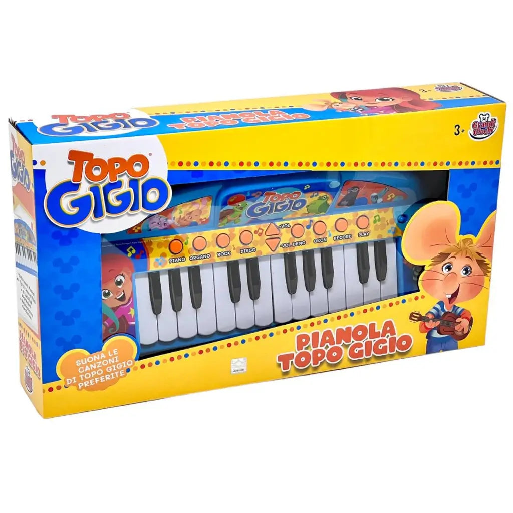 La pianola Topo Gigio per bambini, con 24 tasti, 10 strumenti musicali, luci flash e funzione di registrazione. Perfetta per i piccoli musicisti dai 3 anni, stimola la creatività e l'amore per la musica.2