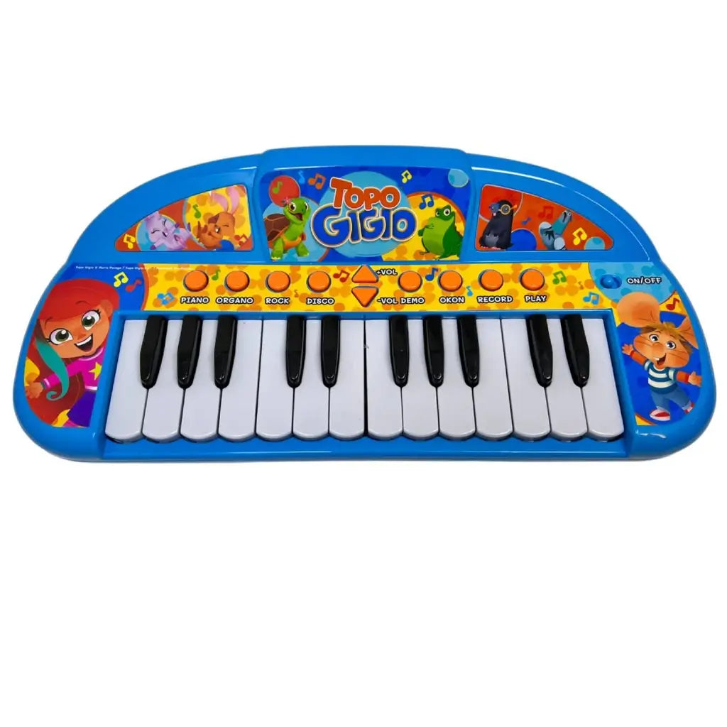 La pianola Topo Gigio per bambini, con 24 tasti, 10 strumenti musicali, luci flash e funzione di registrazione. Perfetta per i piccoli musicisti dai 3 anni, stimola la creatività e l'amore per la musica.3