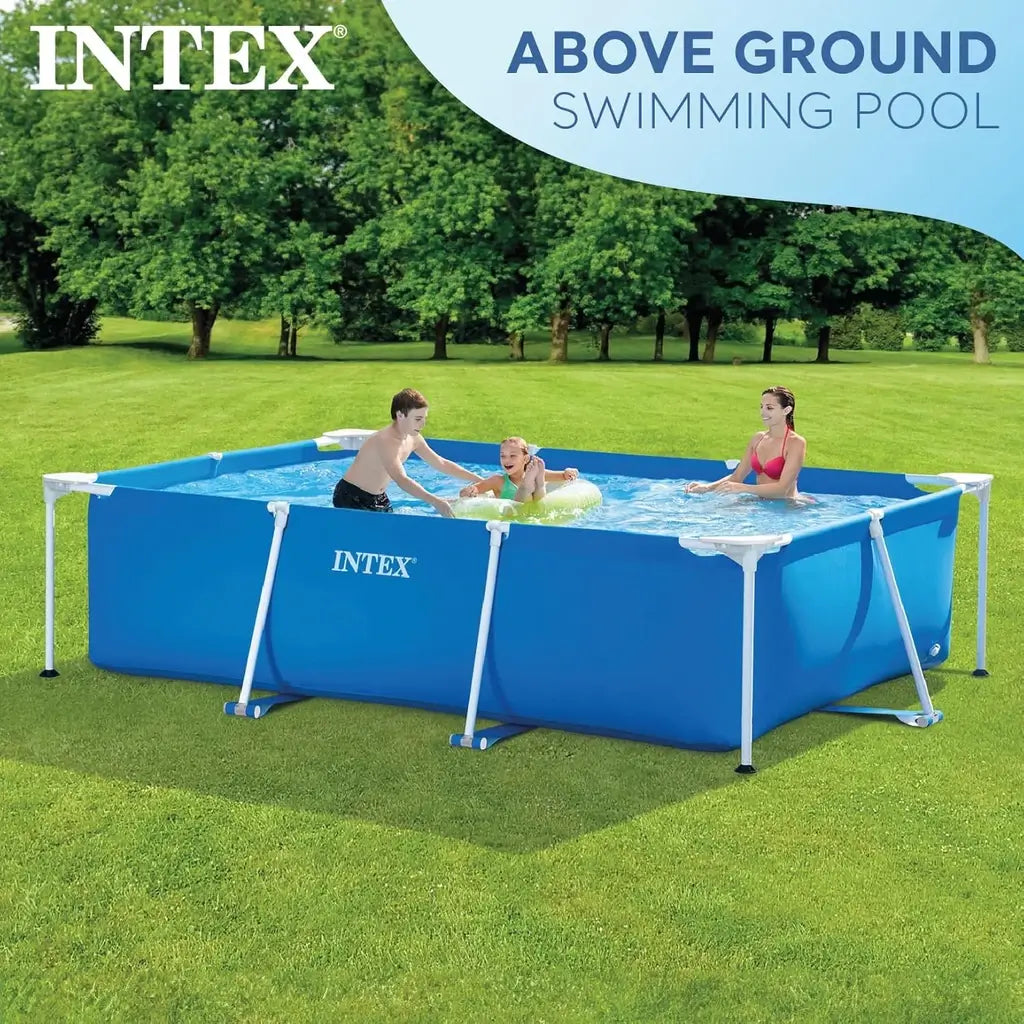 Piscina fuori terra Intex 28272NP rettangolare. Struttura resistente in acciaio, PVC triplo strato e montaggio rapido. Ideale per il relax estivo in giardino.