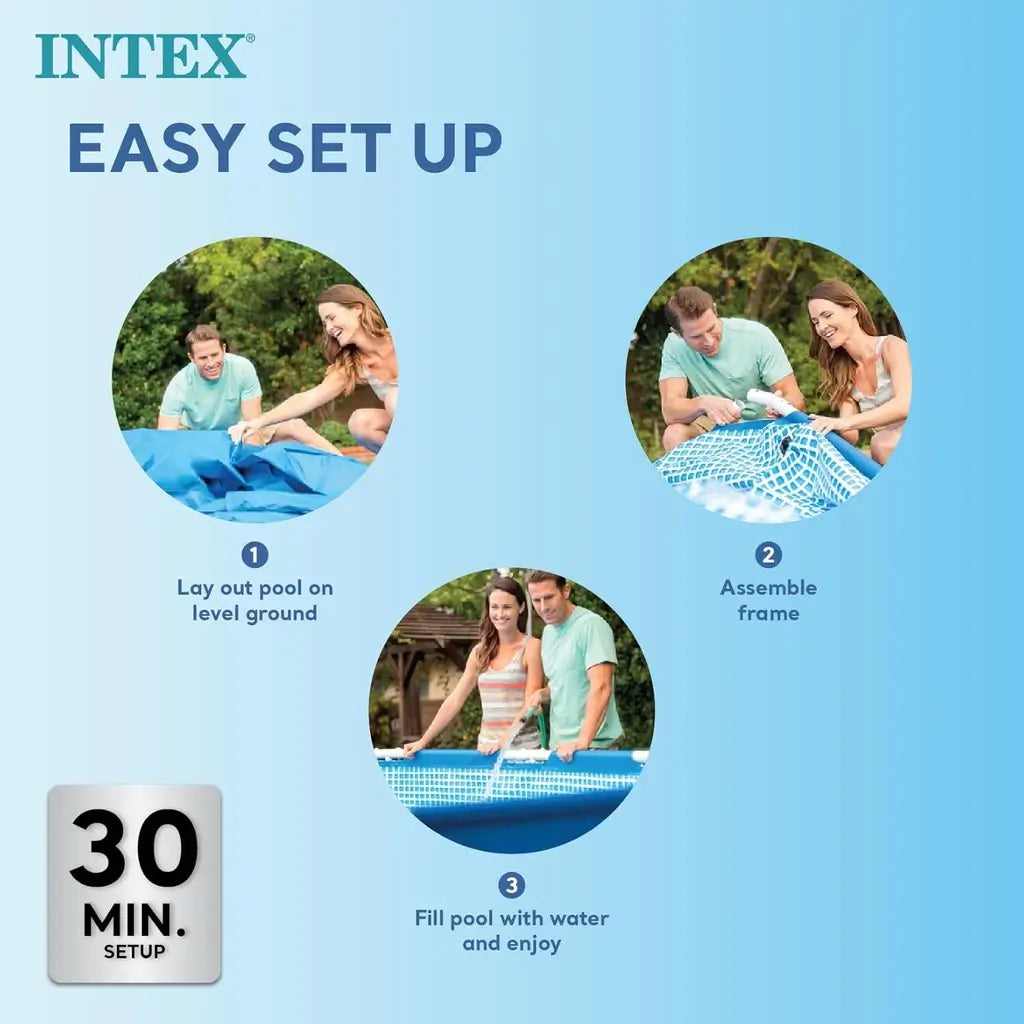 Piscina fuori terra Intex 28272NP rettangolare. Struttura resistente in acciaio, PVC triplo strato e montaggio rapido. Ideale per il relax estivo in giardino.