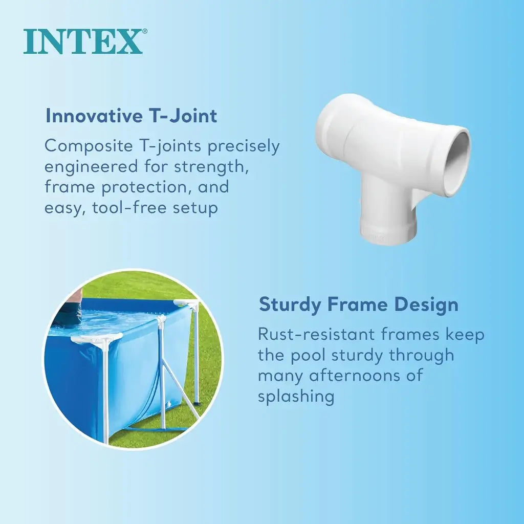 Piscina fuori terra Intex 28272NP rettangolare. Struttura resistente in acciaio, PVC triplo strato e montaggio rapido. Ideale per il relax estivo in giardino.