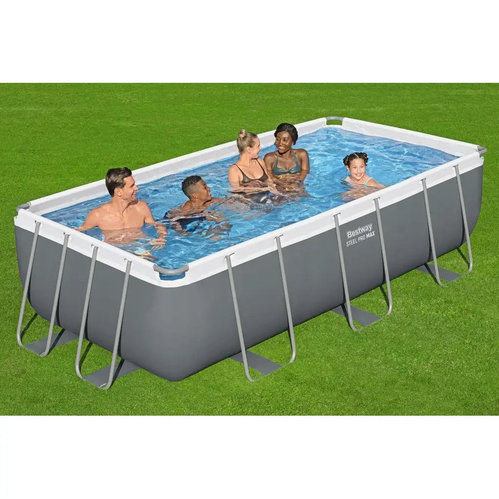 Piscina fuori terra rettangolare Bestway Power Steel 56441 – 404x201x100 cm. Robusta, facile da montare, con struttura in acciaio anticorrosione e liner Tritech. Include pompa, scaletta e accessori