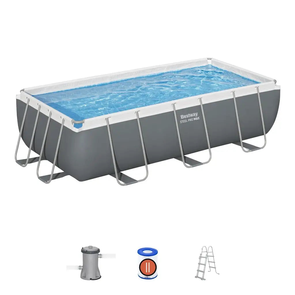 Piscina fuori terra rettangolare Bestway Power Steel 56441 – 404x201x100 cm. Robusta, facile da montare, con struttura in acciaio anticorrosione e liner Tritech. Include pompa, scaletta e accessori