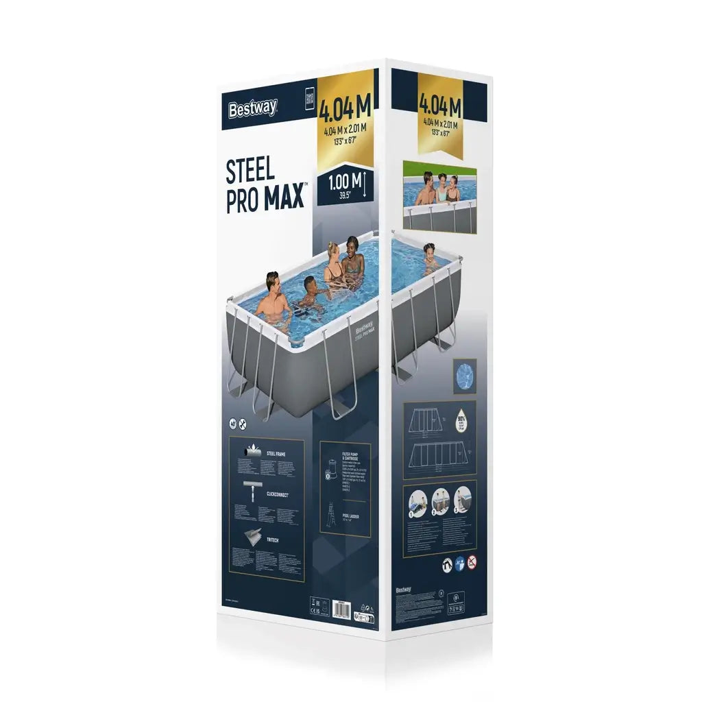 Piscina fuori terra rettangolare Bestway Power Steel 56441 – 404x201x100 cm. Robusta, facile da montare, con struttura in acciaio anticorrosione e liner Tritech. Include pompa, scaletta e accessori