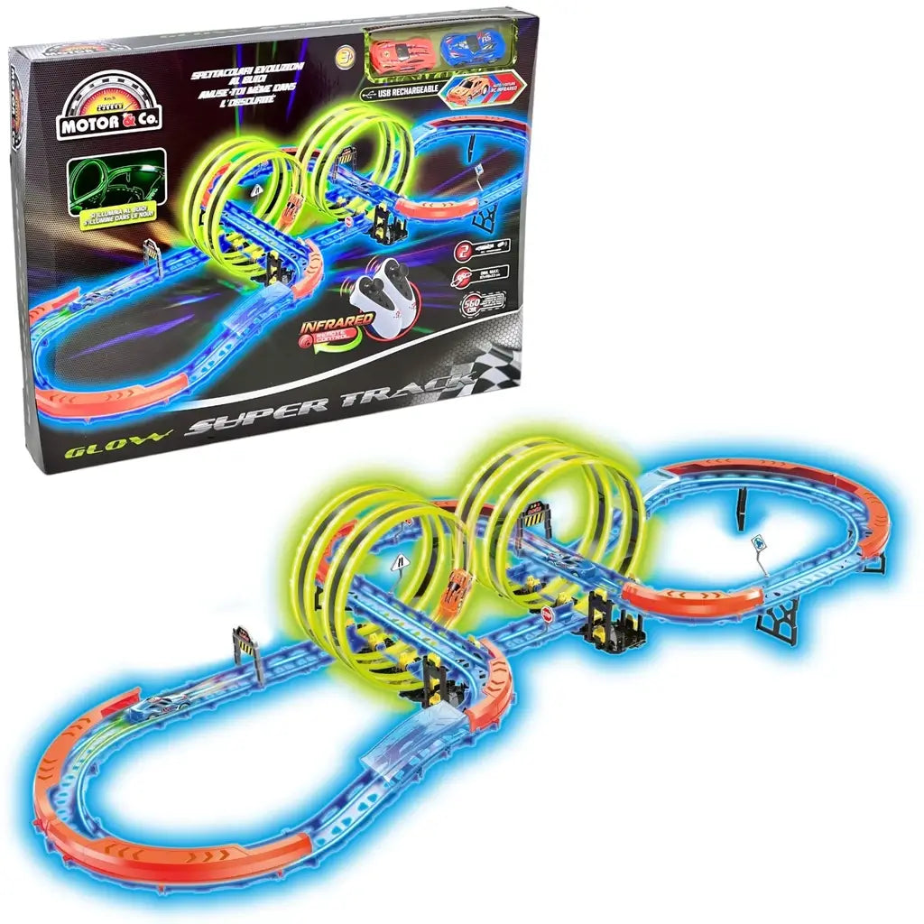 Pista luminosa per bambini con auto radiocomandate. Circuito con doppio looping, 560 cm di adrenalina e controllo a infrarossi. Auto USB ricaricabil