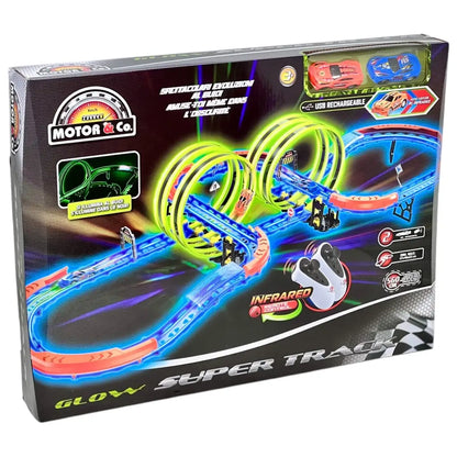 Pista luminosa per bambini con auto radiocomandate. Circuito con doppio looping, 560 cm di adrenalina e controllo a infrarossi. Auto USB ricaricabil