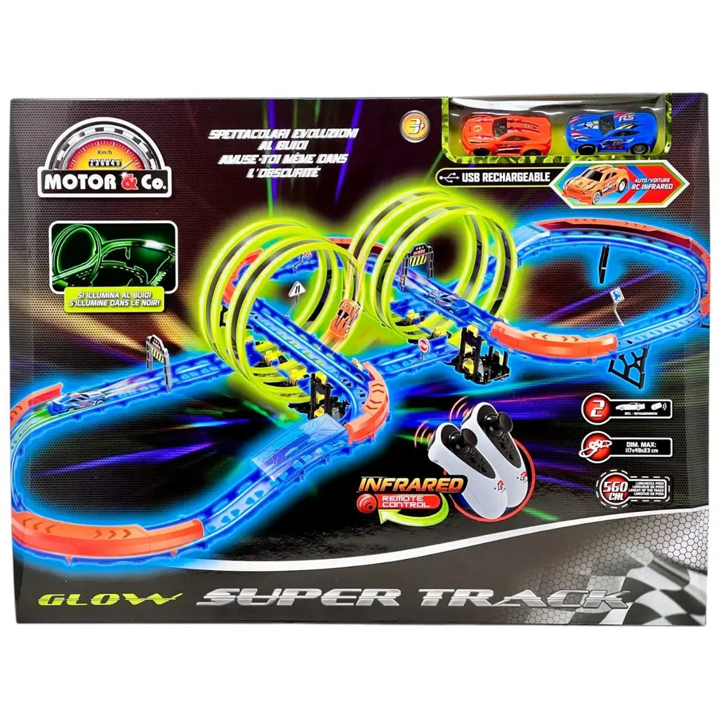 Pista luminosa per bambini con auto radiocomandate. Circuito con doppio looping, 560 cm di adrenalina e controllo a infrarossi. Auto USB ricaricabil