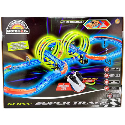 Pista luminosa per bambini con auto radiocomandate. Circuito con doppio looping, 560 cm di adrenalina e controllo a infrarossi. Auto USB ricaricabil