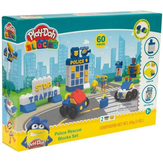 Play Doh Blocks Set Stazione di Polizia Include 60 pezzi, mattoncini colorati e 2 vasetti di pasta da modellare