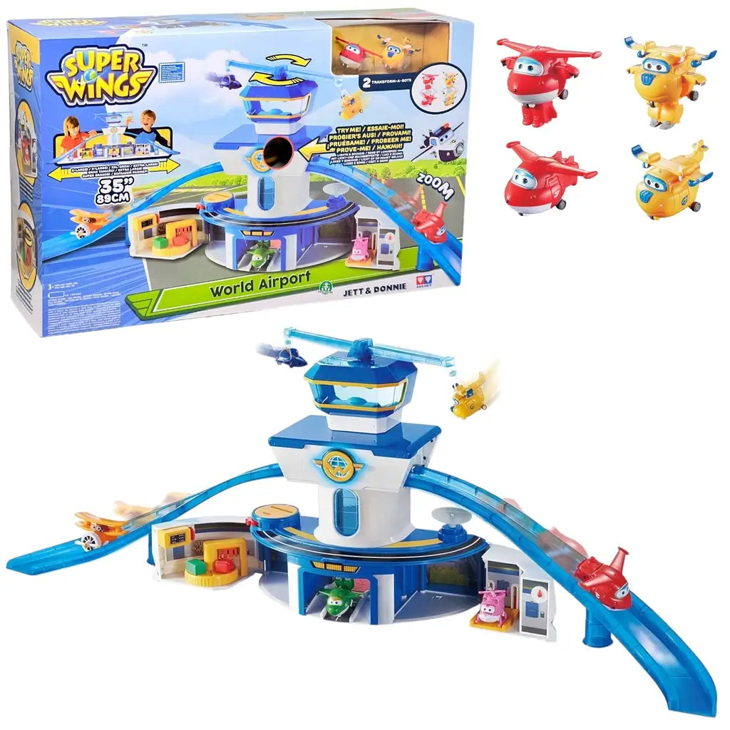 Playset Aeroporto Super Wings, il giocattolo ideale per bambini dai 3 anni in su. Con luci, suoni e personaggi Jett e Donnie trasformabili