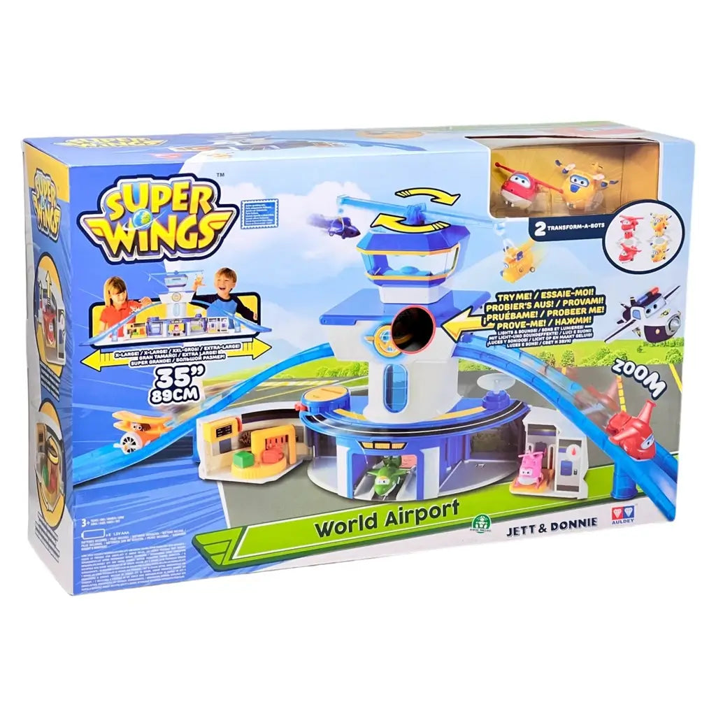 Playset Aeroporto Super Wings, il giocattolo ideale per bambini dai 3 anni in su. Con luci, suoni e personaggi Jett e Donnie trasformabili