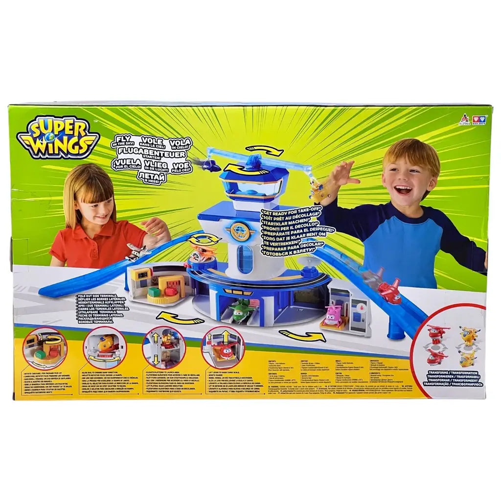 Playset Aeroporto Super Wings, il giocattolo ideale per bambini dai 3 anni in su. Con luci, suoni e personaggi Jett e Donnie trasformabili
