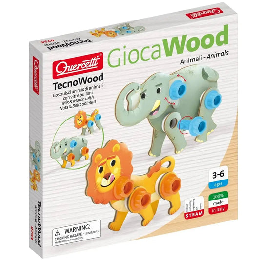 Gioca Wood Animali di Quercetti è un gioco creativo per bambini dai 3 ai 6 anni, che permette di assemblare elefanti e leoni con viti e bulloni, stimolando l'immaginazione. Prodotto in Italia, è sicuro e resistente.1