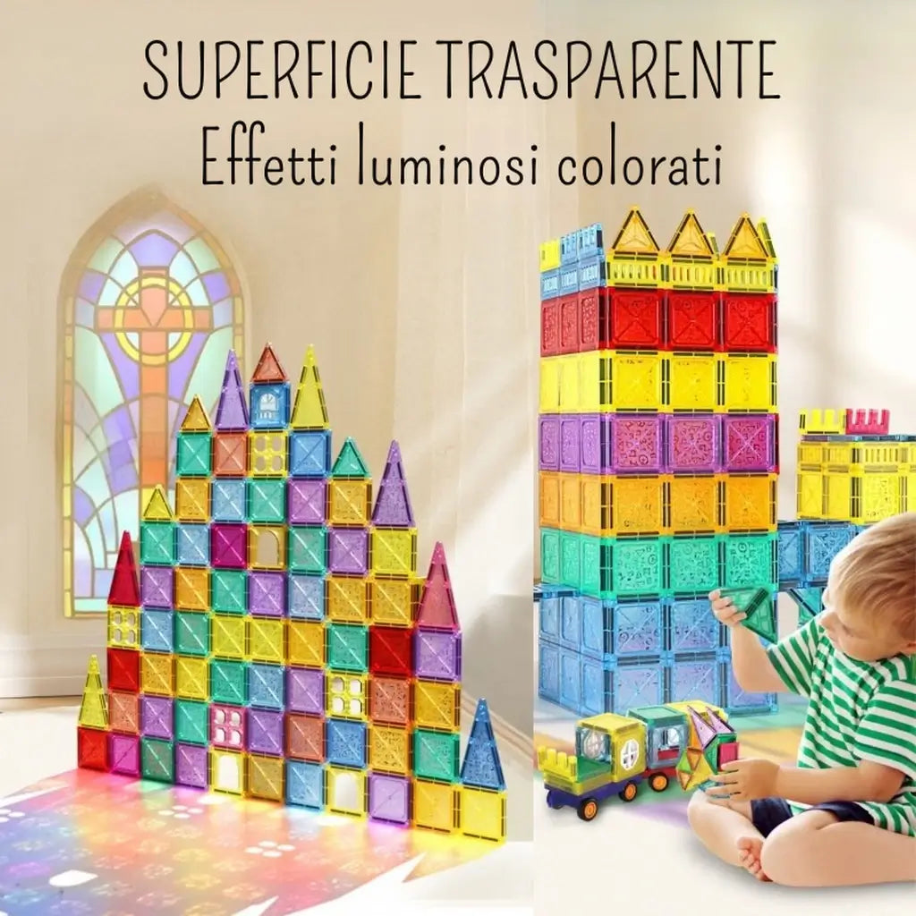 Gioco con magneti per bambin: set costruzioni magnetici con 110 pezzi colorati. Giocattoli con calamite bimbi sicuri e creativi, ideali dai 3 anni in su. 2