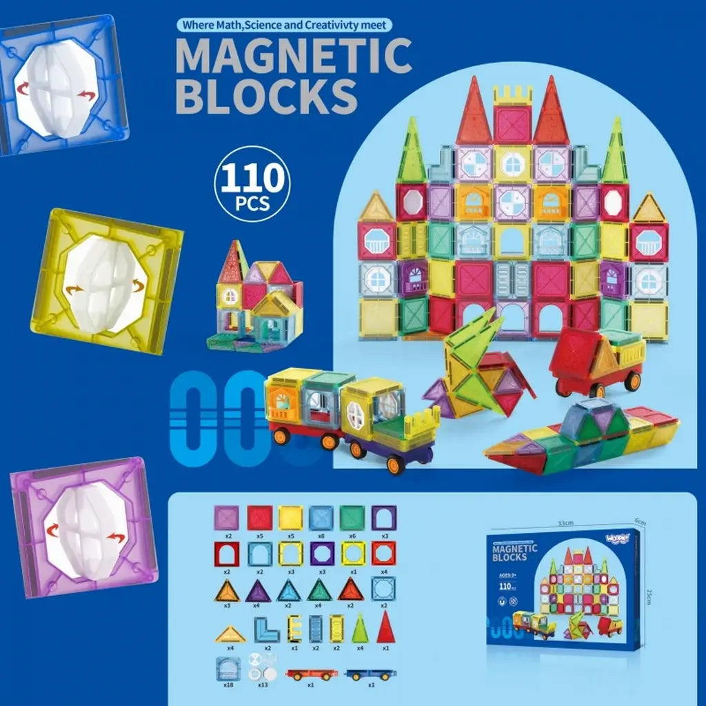 Gioco con magneti per bambin: set costruzioni magnetici con 110 pezzi colorati. Giocattoli con calamite bimbi sicuri e creativi, ideali dai 3 anni in su. 9