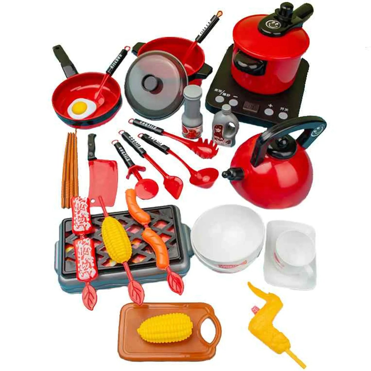 Set per cucina giocattolo con 36 accessori: pentole, padelle, piastra e cibi finti 2