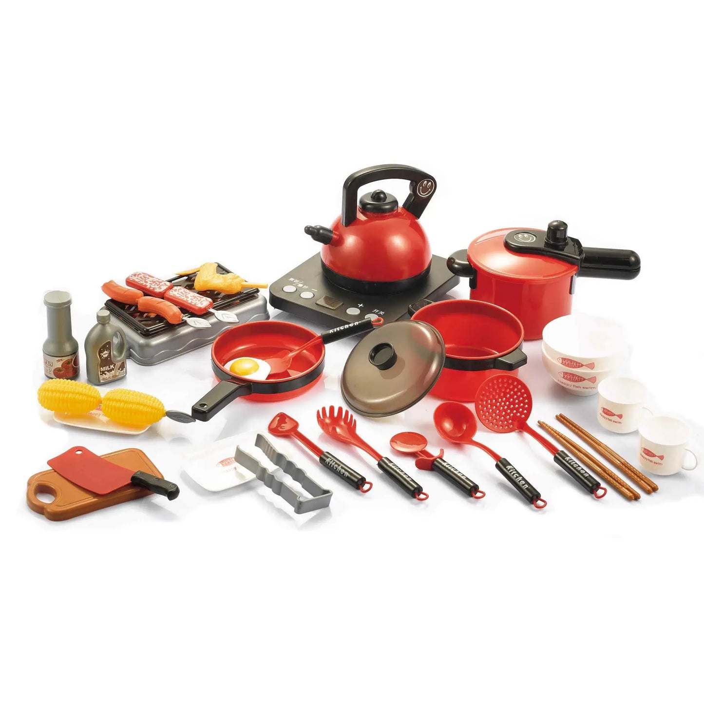 Set per cucina giocattolo con 36 accessori: pentole, padelle, piastra e cibi finti 4