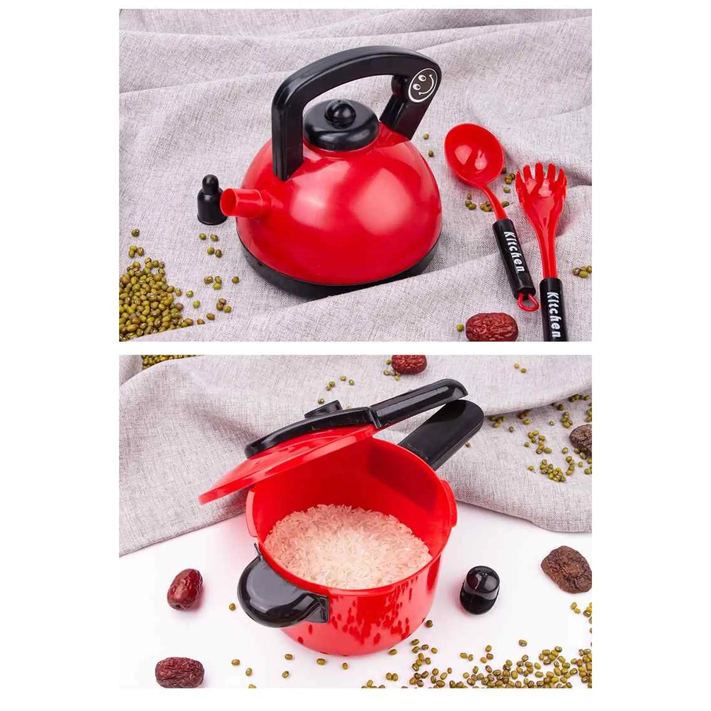 Set per cucina giocattolo con 36 accessori: pentole, padelle, piastra e cibi finti 7