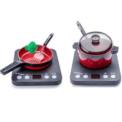 Set per cucina giocattolo con 36 accessori: pentole, padelle, piastra e cibi finti 8