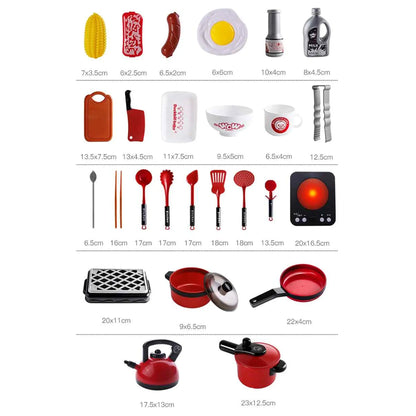 Set per cucina giocattolo con 36 accessori: pentole, padelle, piastra e cibi finti 11