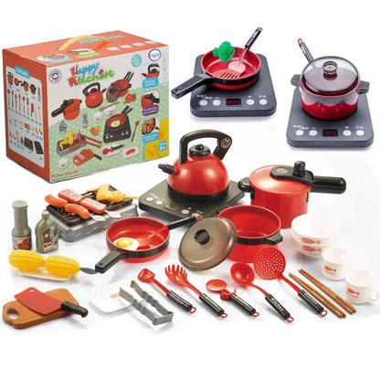 Set per cucina giocattolo con 36 accessori: pentole, padelle, piastra e cibi finti 1