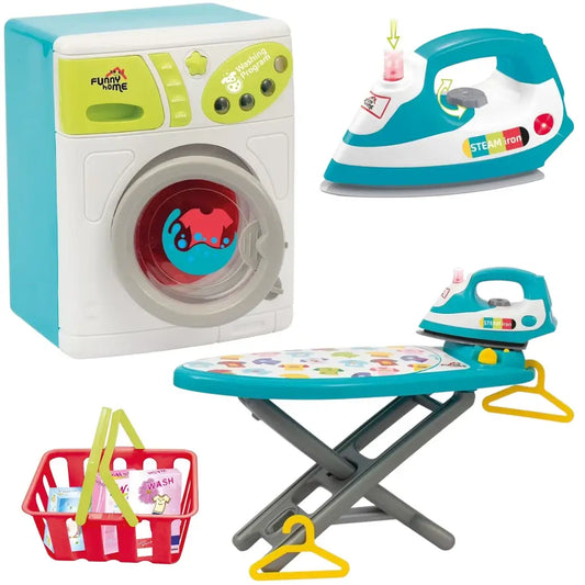 set lavanderia per bambine con lavatrice, ferro da stiro e asse da stiro. Un giocattolo realistico con luci e suoni per un divertente gioco di imitazione.