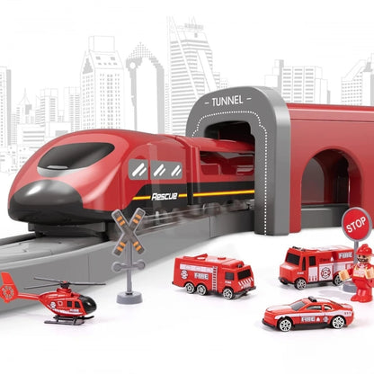 Set treno elettrico Woopie da 66 pezzi con locomotiva, vagoni magnetici, caserma, ponte e tunnel. Con luci e suoni realistici. Ideale per bimbi dai 3 anni.1