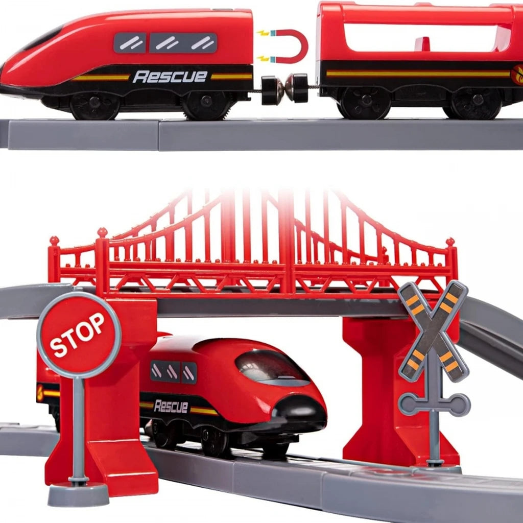 Set treno elettrico Woopie da 66 pezzi con locomotiva, vagoni magnetici, caserma, ponte e tunnel. Con luci e suoni realistici. Ideale per bimbi dai 3 anni.3