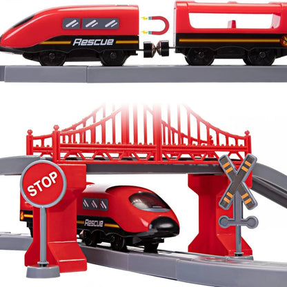 Set treno elettrico Woopie da 66 pezzi con locomotiva, vagoni magnetici, caserma, ponte e tunnel. Con luci e suoni realistici. Ideale per bimbi dai 3 anni.3