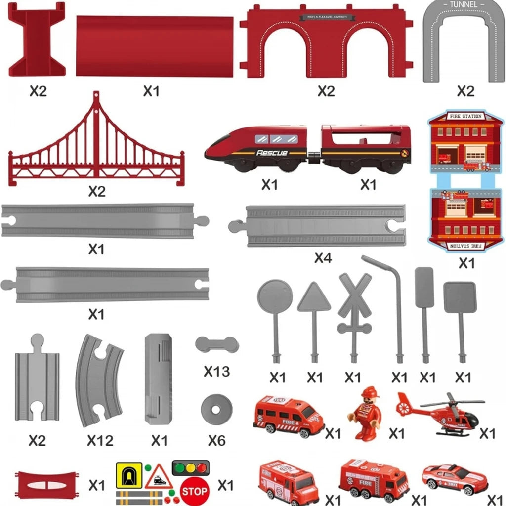 Set treno elettrico Woopie da 66 pezzi con locomotiva, vagoni magnetici, caserma, ponte e tunnel. Con luci e suoni realistici. Ideale per bimbi dai 3 anni.5